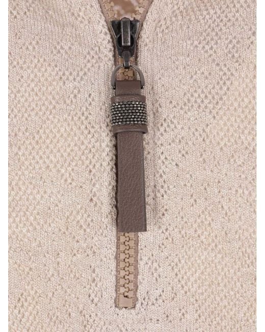 Brunello Cucinelli Natural Long-Sleeved Half-Zip Jumper