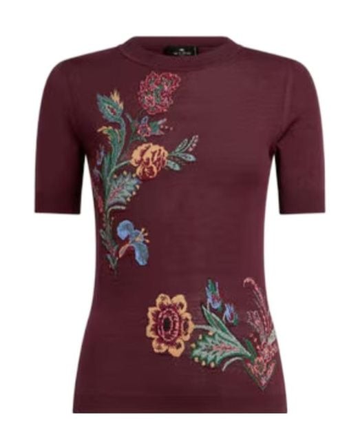 Etro Red Floral Jacquard Crewneck Top