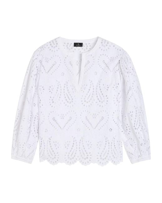 Etro White Open-Embroidery Cotton-Blend Blouse