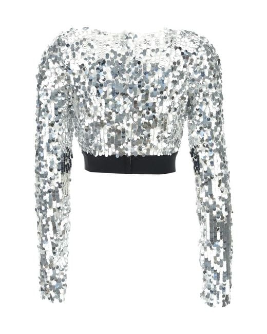 Dolce & Gabbana White Sequin Embellished Crewneck Top