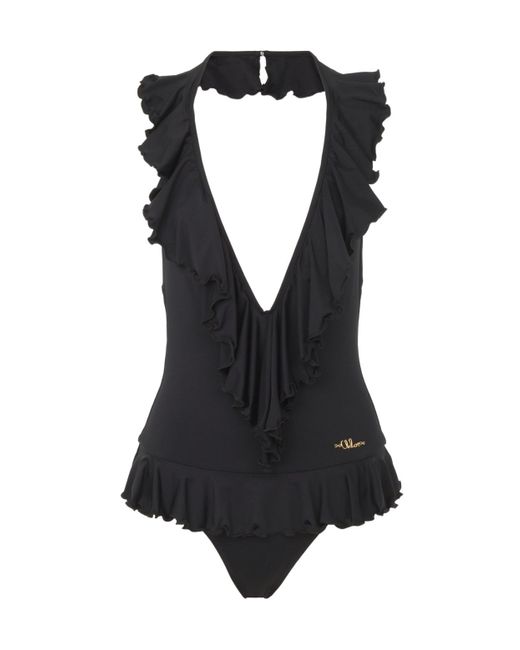 Chloé Black Ruffled V-Neck One-Piece Swimsuit