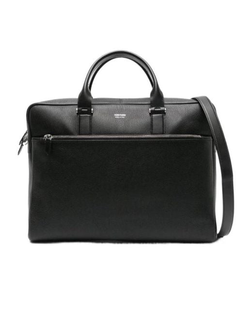 Tom Ford Black Logo Embossed Zipped Messenger Bag for men