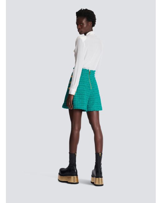 Balmain Green Buttoned Tweed Shorts