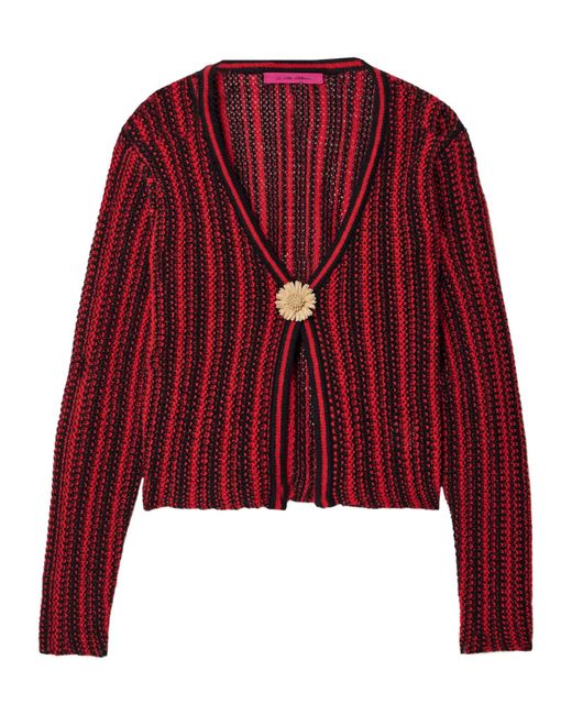 The Elder Statesman Red Striped Openwork Knit Cotton Cardigan