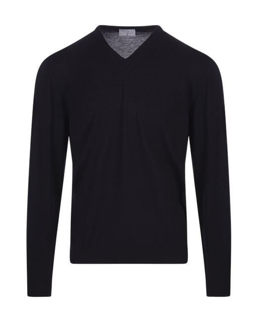 Fedeli Blue Long-Sleeved V-Neck Jumper for men