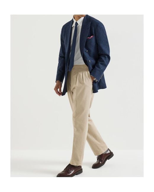 Brunello Cucinelli Natural Cotton Chevron Trousers With Double Pleats And Waist Tabs for men