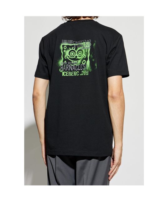 Iceberg Black Round-Neck Patchwork T-Shirt for men
