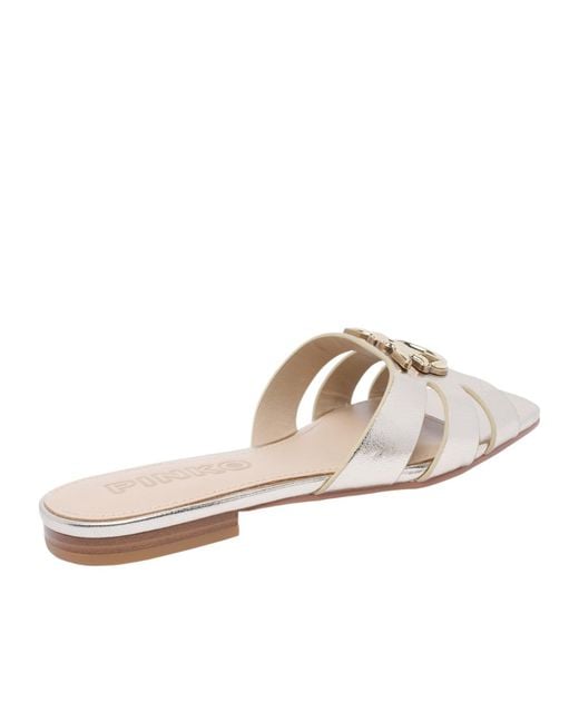 Pinko White Logo Plaque Metallic Sandals