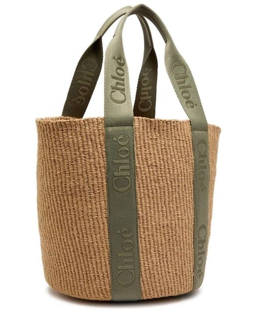 Chloé Metallic Woody Logo-Embroidered Raffia Basket Bag