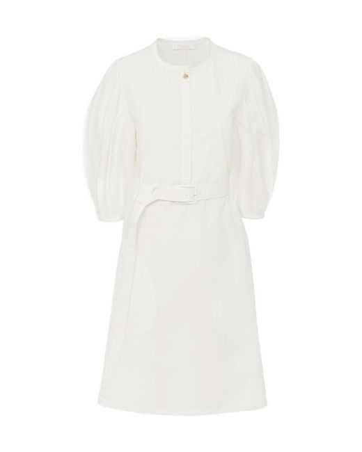 Chloé White Chloé Belted Mid-Sleeved Midi Dress