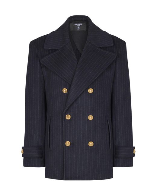 Balmain Blue Merino Wool-Blend Stripe Pea Coat for men