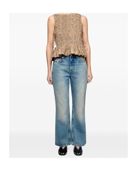 Ganni Natural Smocked Tie-Detail Top