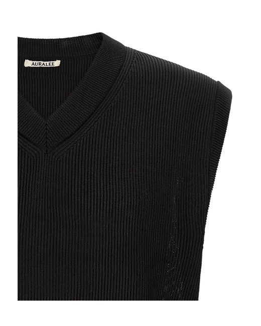 Auralee Black Ribbed-Knit V-Neck Vest for men