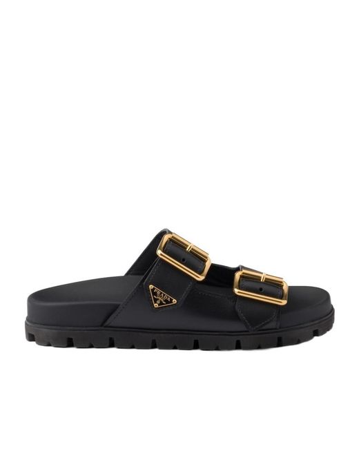 Prada Black Leather Strap Slides