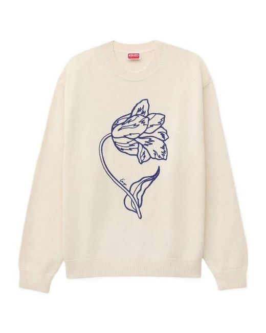 KENZO White Tulip Detailed Crewneck Jumper for men