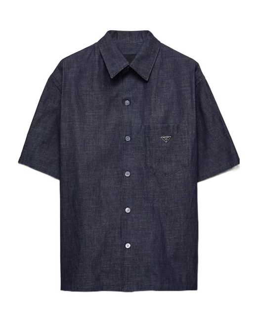 Prada Blue Short-Sleeved Chambray Denim Shirt for men