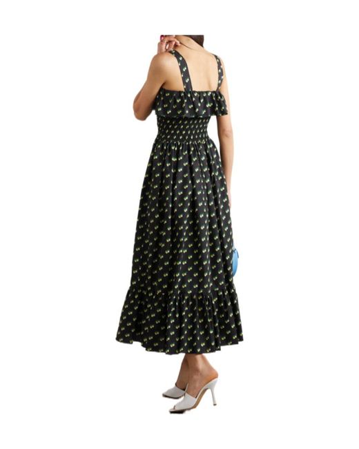 LaDoubleJ Black Sunkissed Convertible Shirred Printed Cotton-Poplin Maxi Dress