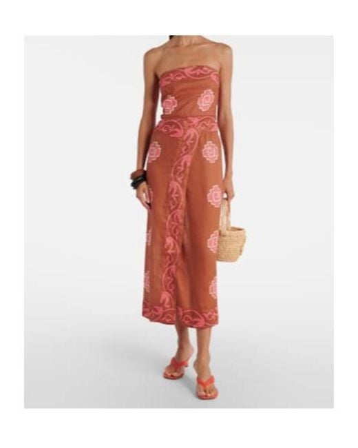 Johanna Ortiz Orange Embroidered Smocked Linen Midi Dress