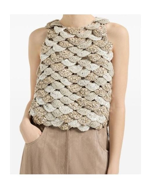 Brunello Cucinelli Natural Handmade Dazzling Shell Opera Knit Top