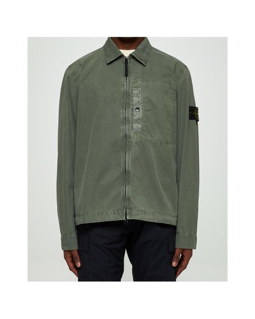Stone Island Green Compass Patch Zip-Up Shirt Jacket for men