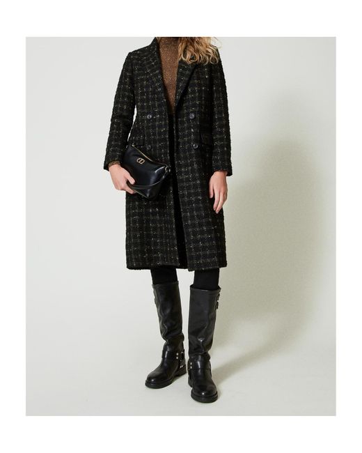 Twinset Black Check Pattern Bouclé Coat