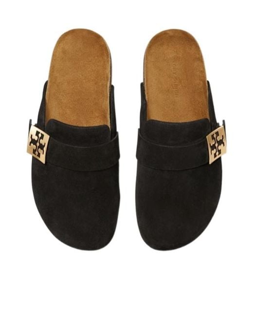 Tory Burch Black Suede Slip-On Mules Logo Hardware