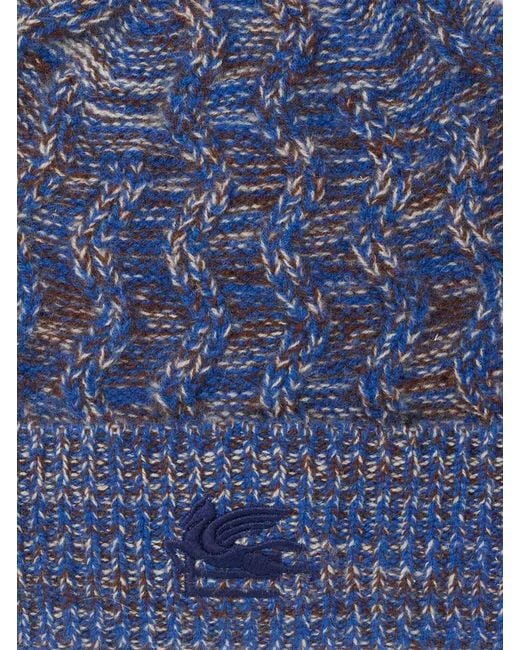 Etro Blue Cashmere Beanie With Cable Detail And Pegaso Embroidery for men