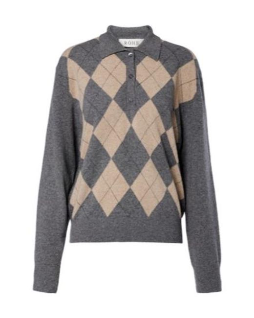 Rohe Gray Argyle Wool-Blend Polo Sweater
