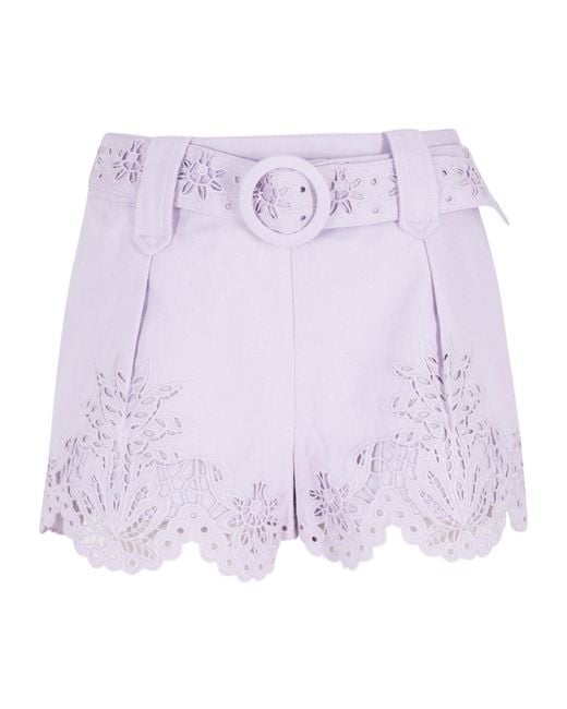 Farm Rio Purple Richelieu Embroidered Belted Shorts