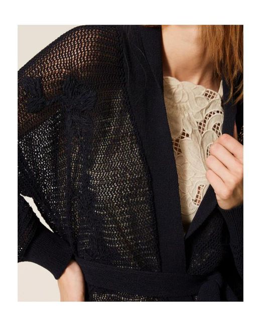 Twinset Blue Belted Open-Knit Cardigan