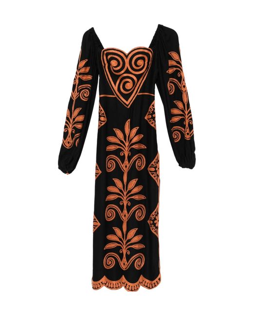 Farm Rio Black Cornely Ainika Long-Sleeve Midi Dress