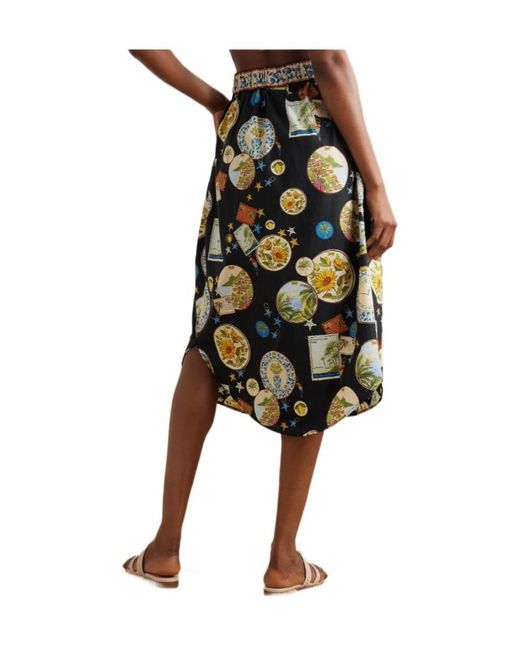 Farm Rio Black Printed Cotton Midi Skirt