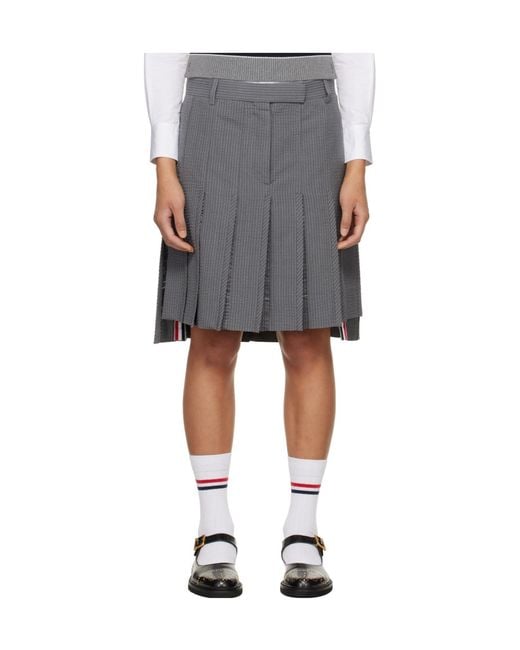 Thom Browne Gray Seersucker Pleated Mini Skirt