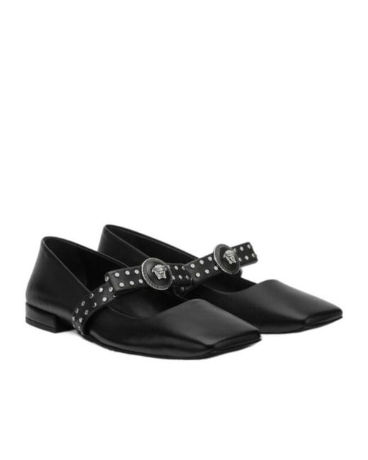 Versace Black Gianni Ribbon Square-Toe Ballet Flats