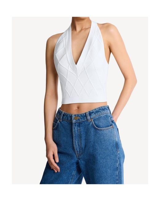 Balmain White Quilted Knit Halterneck Top
