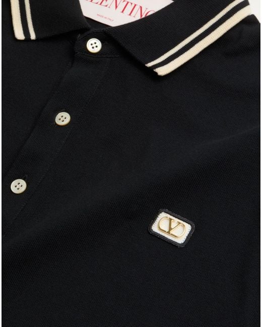Valentino Black Logo Embroidered Straight Hem Polo Shirt for men