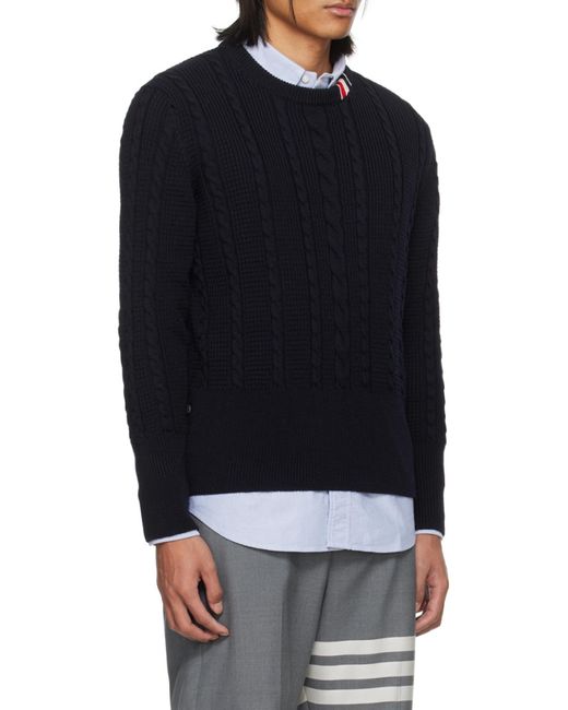 Thom Browne Blue Rwb-Striped Cable-Knitted Crewneck Jumper for men