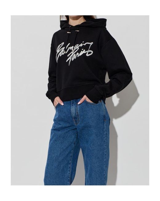 Balmain Black Logo Printed Drawstring Hoodie