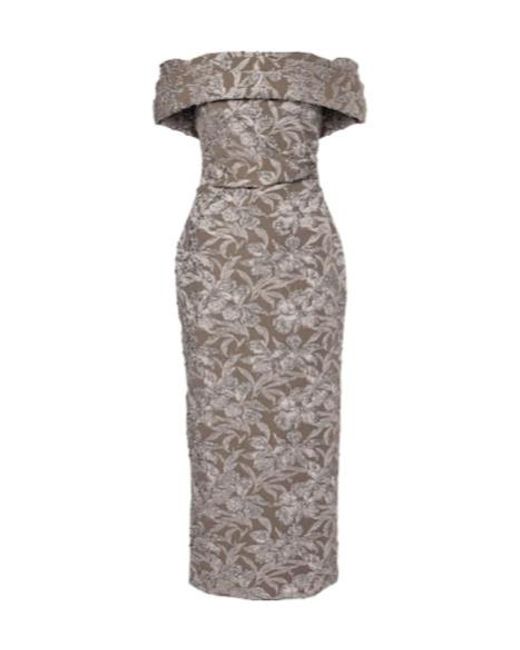 Oscar de la Renta Gray Floral Metallic Jacquard Midi Dress