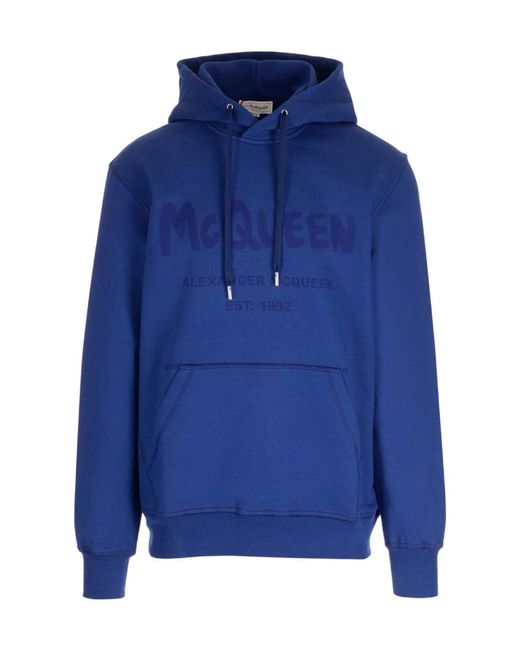 McQueen Blue Logo Printed Drawstring Hoodie for men