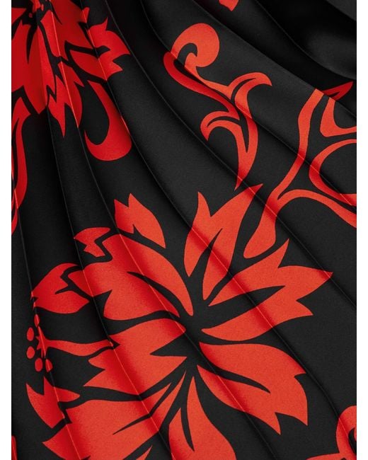 Sacai Red Pleated Floral-Print Satin Midi Skirt