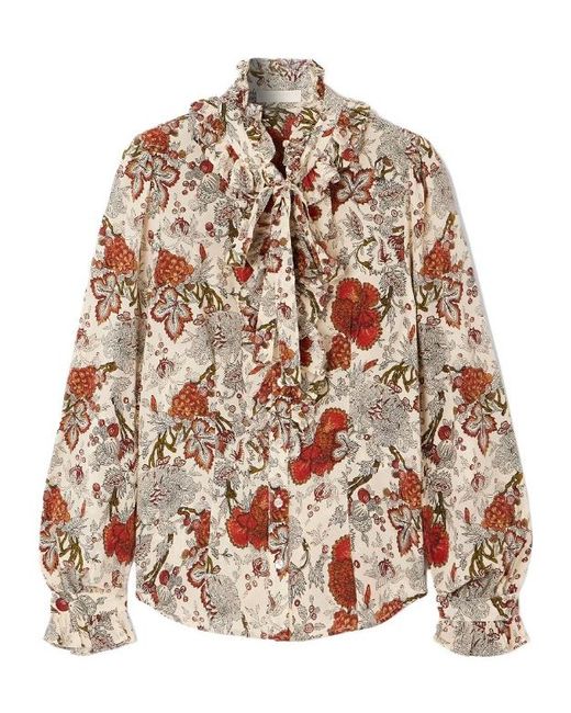 Ulla Johnson Brown Catroux Pussy-Bow Floral-Print Silk-Satin Blouse