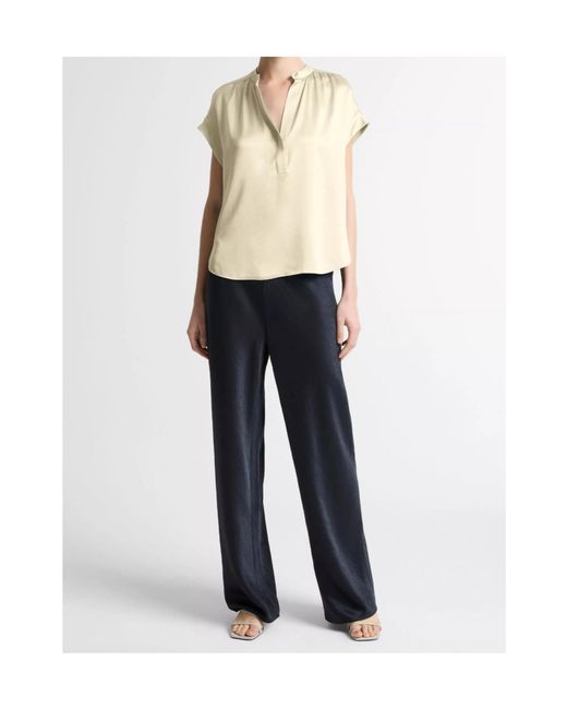 Vince Blue Cap-Sleeve Gathered Blouse