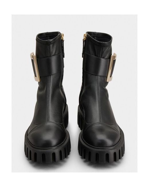 Roger Vivier Black Viv' Go-Thick Metal Buckle Stretch Ankle Boots