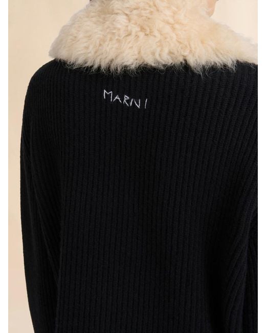 Marni Black Shearling Patches Zipped Cardigan