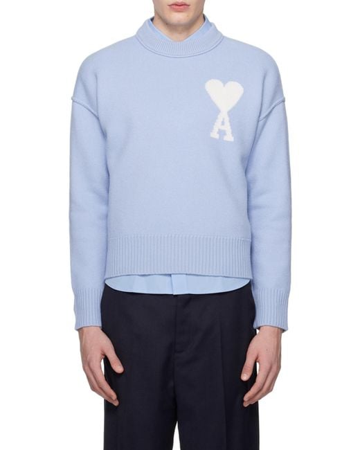 AMI Blue Ami Logo Intarsia Crewneck Jumper for men
