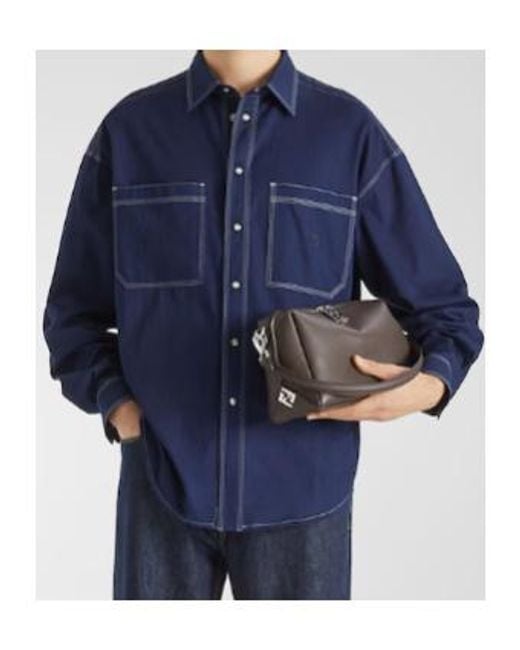 Fendi Blue Logo Embroidered Long-Sleeved Shirt for men