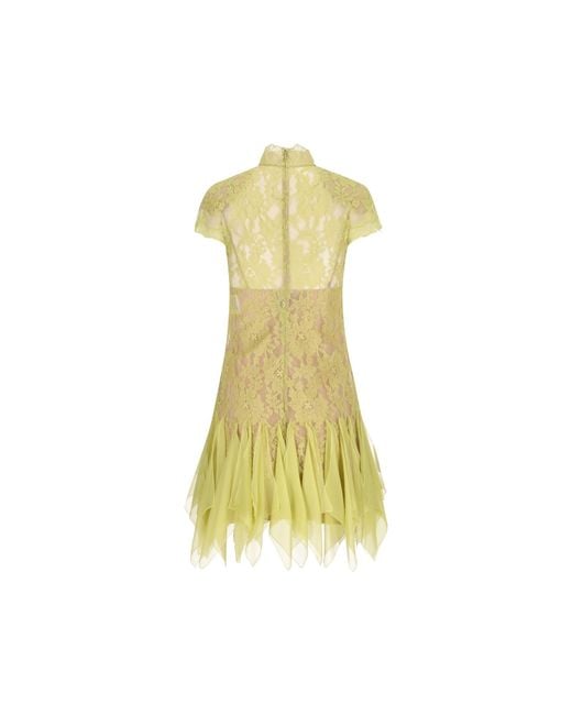 Valentino Yellow Lace Handkerchief-Hem Short-Sleeved Mini Dress