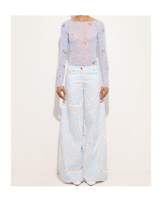 Emilio Pucci Blue Onda Print Tulle Top