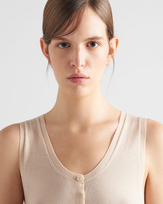 Prada Natural V-Neck Buttoned Tank Top